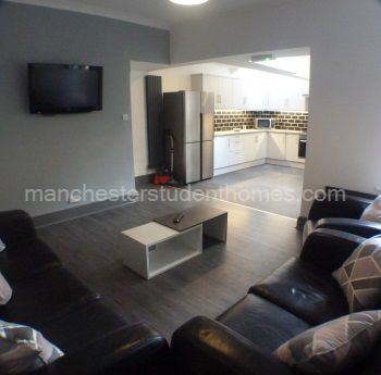 Lounge includes 42" flat screen TV and 2 modern sofa's with a coffee table and shelving